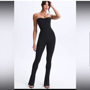 New Neve Twist Front Strapless Split Hem Flared Jumpsuit Onesie Black NWOT